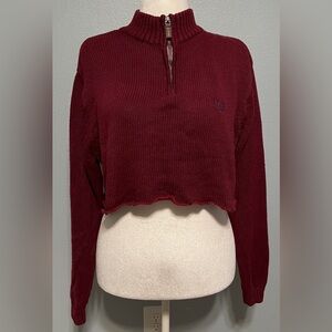 Repaved Burgundy Cropped Sweater Ribbed Knit Long Sleeve Streetwear Y2K Large